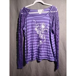 VTG Y2K Jody California USA Made Purple Stripe Lace Sleeve Bling Top Women’s XL